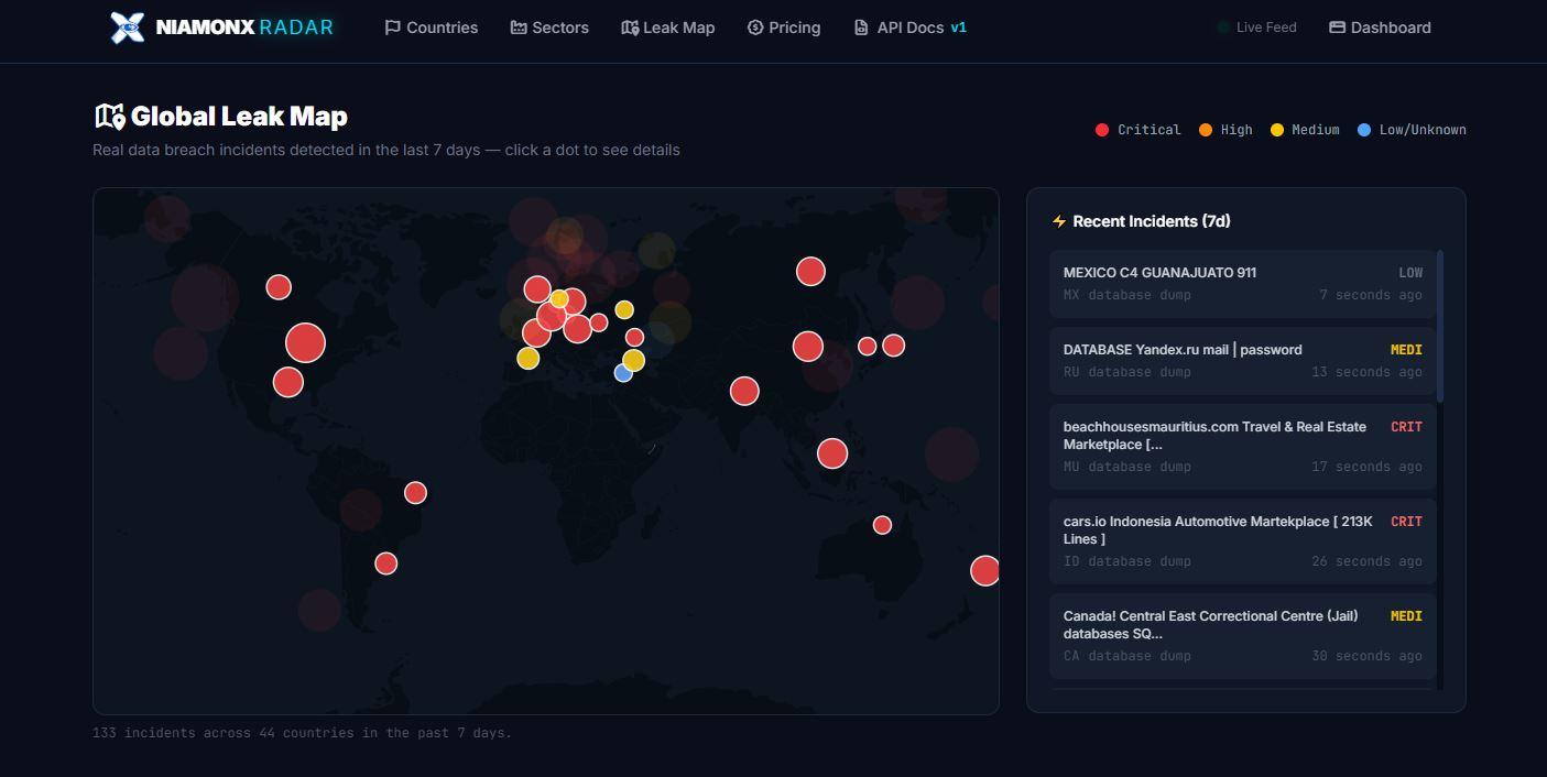 Global Leak Map visualizes recent breach activity across countries and highlights severity with color-coded incidents.