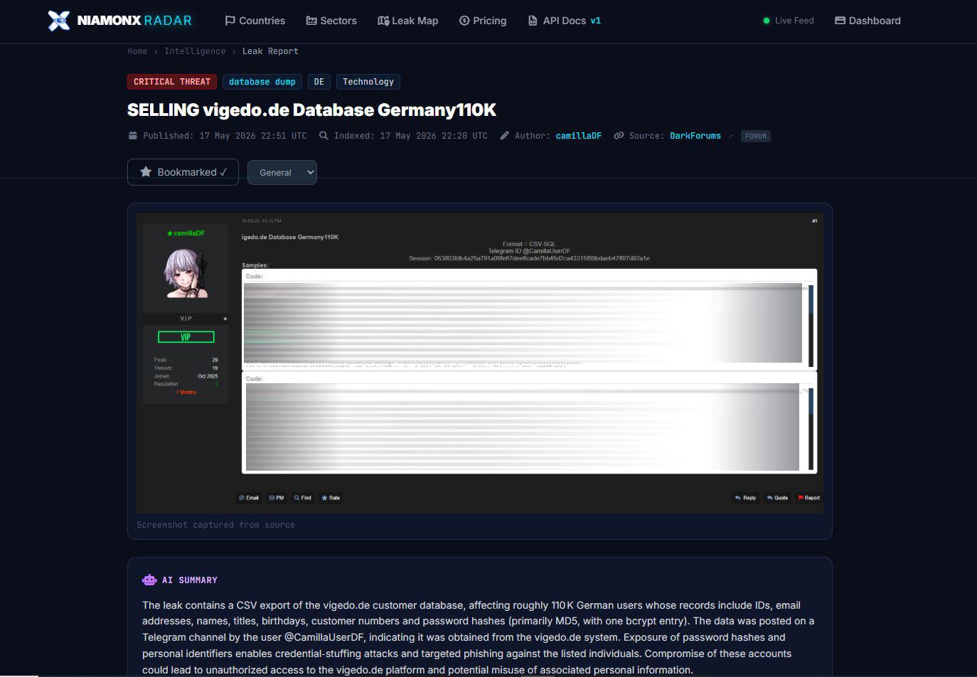 A leak report shows the threat level, leak type, affected country and sector, publication time, indexed time, author, source, evidence screenshot, and AI summary.