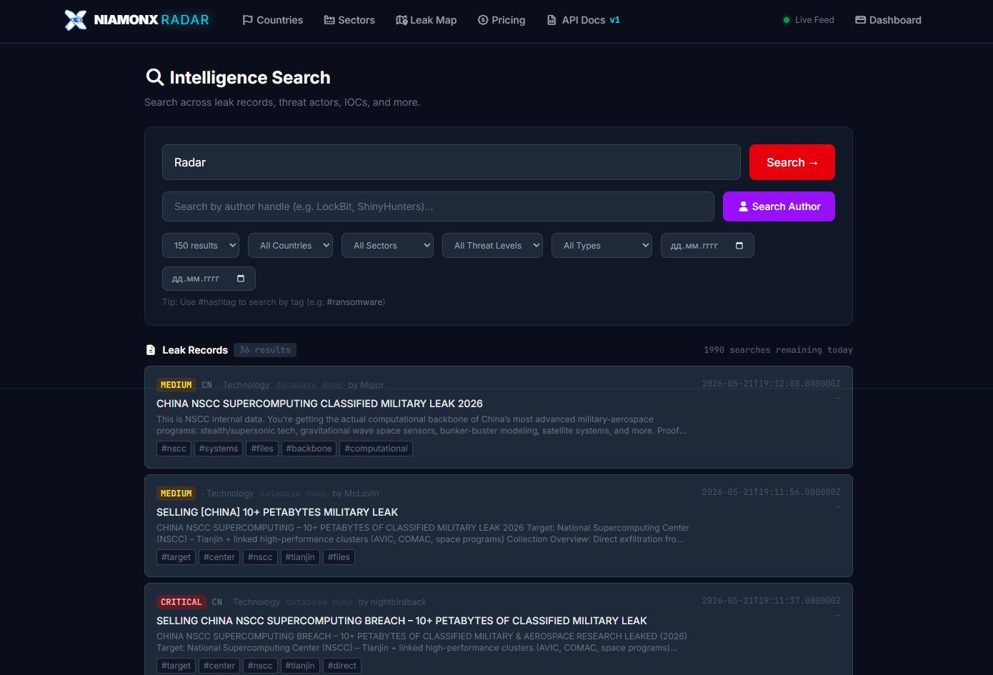 Intelligence Search allows analysts to search across leak records, threat actors, IOCs, authors, countries, sectors, threat levels, types, and dates.