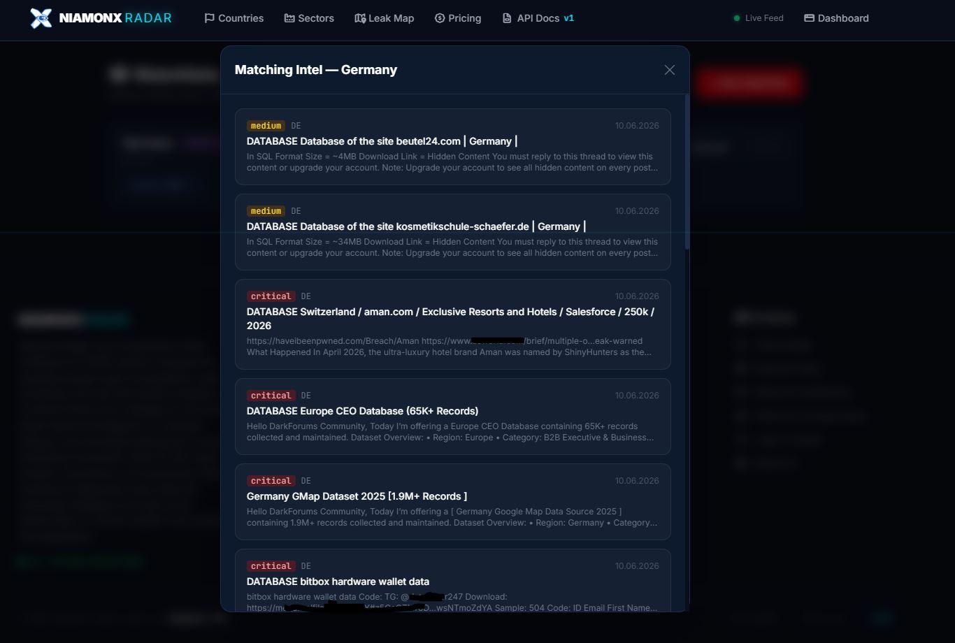 Matching Intel shows watchlist results for a selected monitoring target, helping analysts quickly review new relevant records.